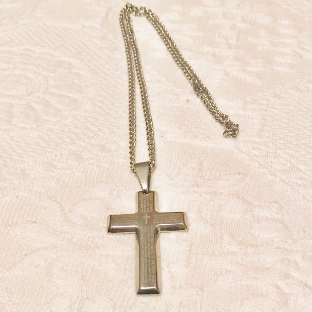 Stainless Steel cross necklace w the Lord’s Prayer
